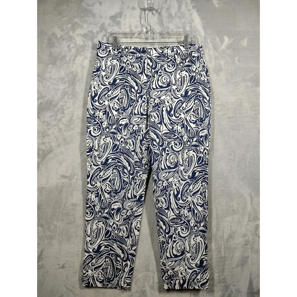 Talbots Perfect Crop Pant Navy Blue White Paisley Print‎ Size 8 Straight Leg